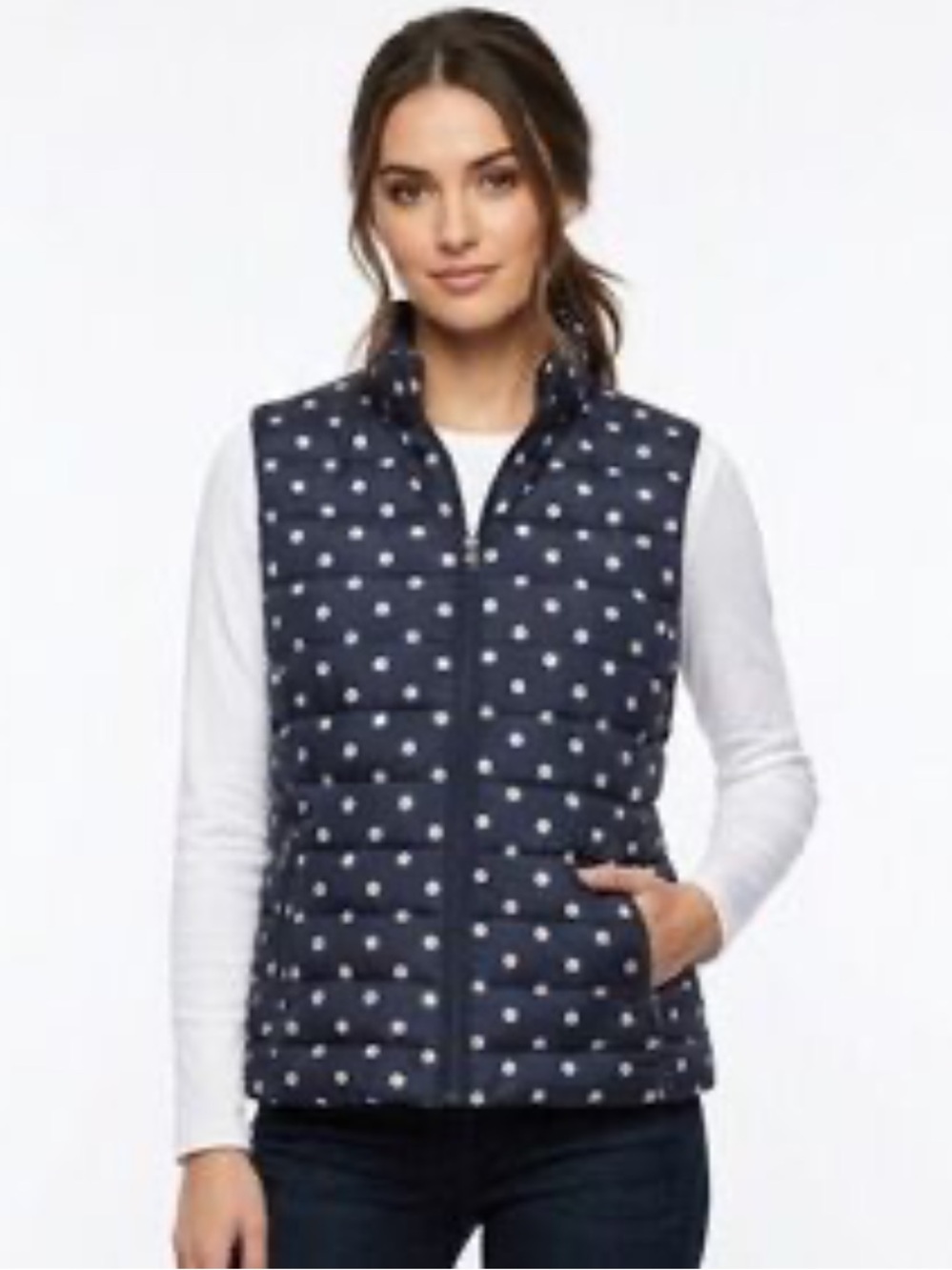 Women's Navy Polka Dot Puffer Vest - Sleeveless puffer Vest
